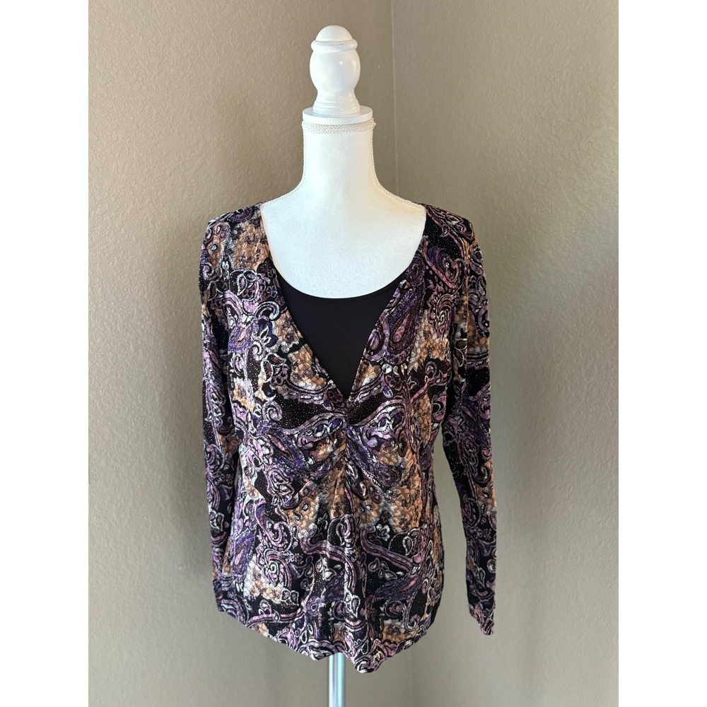 Elementz Womens XL Purple Paisley Metallic Faux Wrap Long Sleeve Top MFKF0122